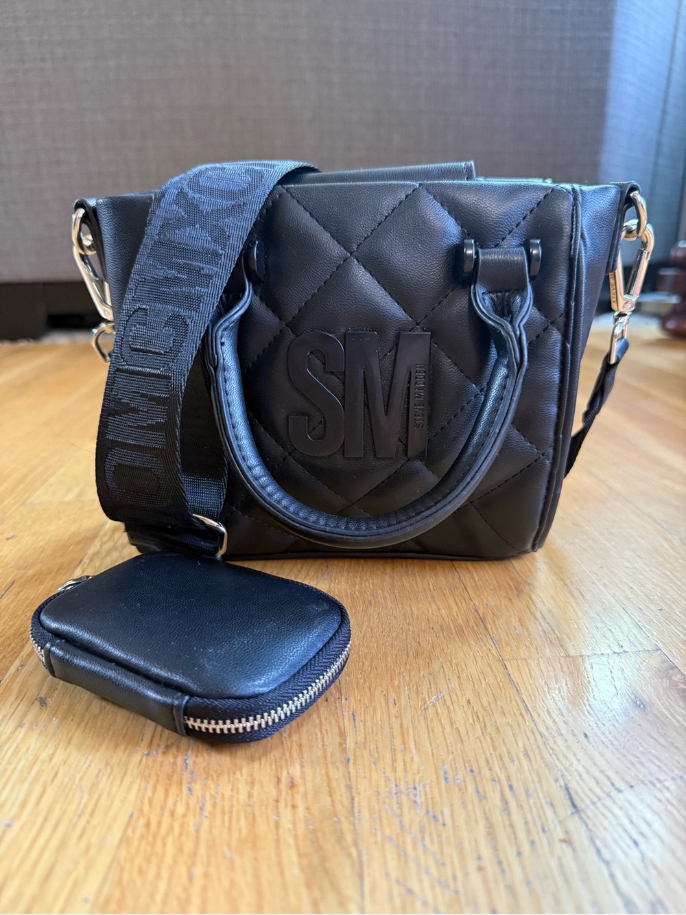 Steve Madden Black Quilted Satchel Top Handle Bag Logo Strap Zip Pockets